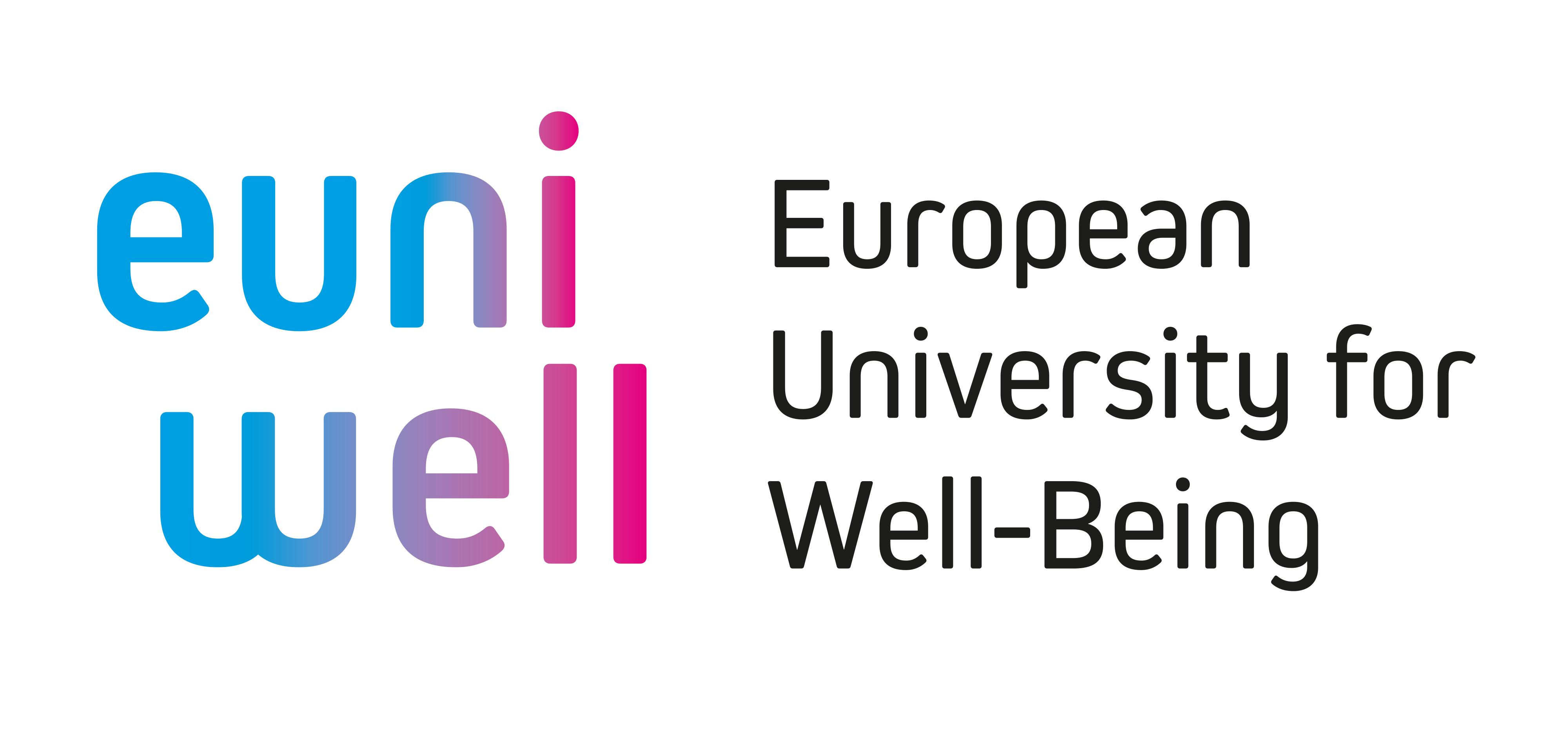 The EUniWell logo featuring the text "euniwell" in a cyan and pink gradient and the text "European University for Well-Being" in black.